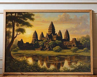 Arte murale di Angkor Wat, poster di viaggio sulla Cambogia, stampa del tempio Khmer, decorazione murale di Angkor Wat, arte murale stampabile, download digitale