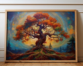 Tree of Life Art Print: Orange Foliage, Mystical Decor (Digital Download)