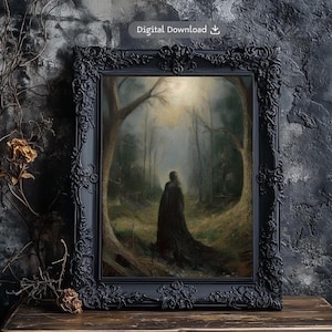 Gothic Woman in Moonlit Forest Print: Dark Academia Art (Digital Download)