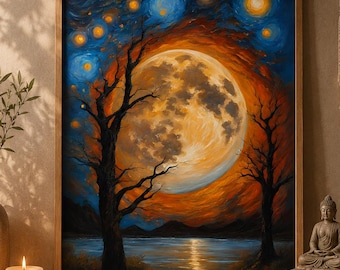 Full Moon Wall Art, Celestial Night Sky Print, Mystical Moon Landscape Decor