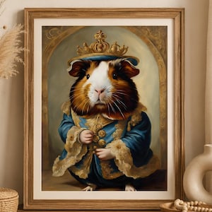 Royal guinea pig king wall art with Victorian aristocratic costume, funny animal portrait inspired by Renaissance oil paintings, vintage pet lover decor, whimsical digital download artwork.