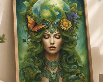 Mother Earth Wall Art, Gaia Goddess Print, Earth Goddess Poster, Botanical Woman Portrait, Nature Inspired Decor, Digital Download