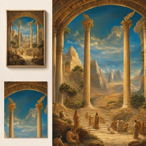 May include: A vertical wall art print featuring a classical architectural scene with two tall fluted columns topped with winged figures, framing a stone staircase leading toward distant mountains under a bright blue sky with figures in robes.