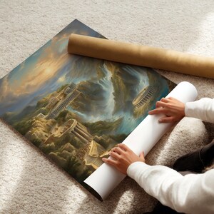 May include: A large rectangular art print featuring a fantasy landscape with ancient Greek-style stone temples, columns, and amphitheaters nestled among rocky cliffs, waterfalls, and a golden sunset sky, partially rolled on a white surface.