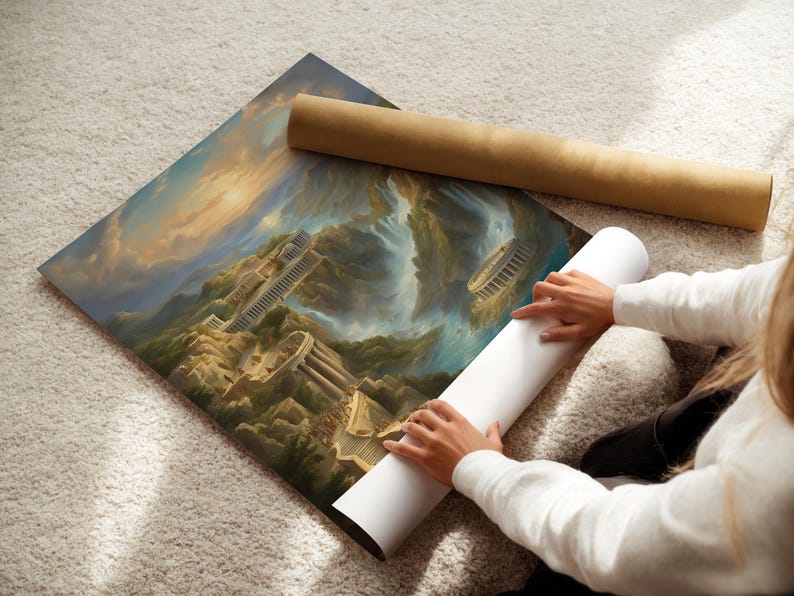 May include: A large rectangular art print featuring a fantasy landscape with ancient Greek-style stone temples, columns, and amphitheaters nestled among rocky cliffs, waterfalls, and a golden sunset sky, partially rolled on a white surface.