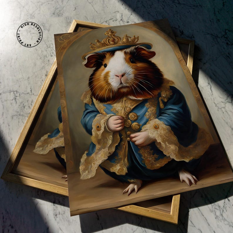 May include: A framed art print featuring a brown and white guinea pig dressed in a royal blue velvet coat with gold lace trim and a matching gold crown. The guinea pig is depicted in a portrait style with a neutral background and a circular logo.