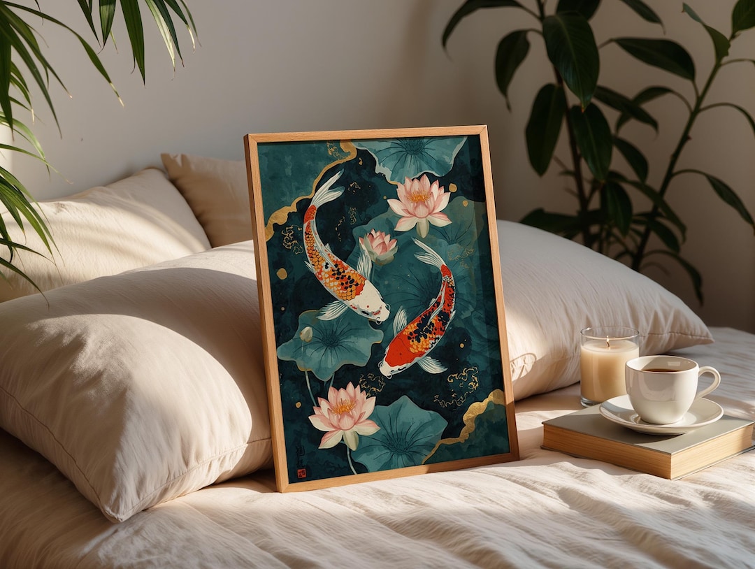 Koi Fish and Lotus Wall Art Printable, Japanese Lotus Pond Poster, Teal ...