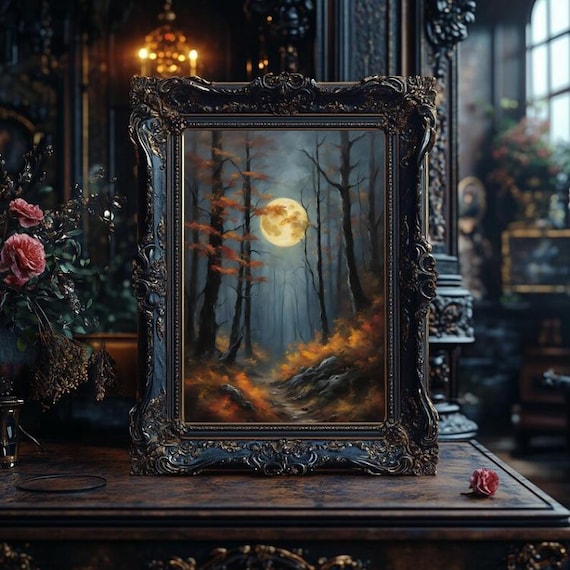 Autumn Full Moon Forest Art Print: Mystical Oil Painting (Digital Download)
