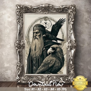 Odin & His Ravens Digital Poster, Odin Prints, Odin Art, Viking Wall Art, Nordic Gods Poster, Odin Wall Art, Odin Art Painting, Odin Poster