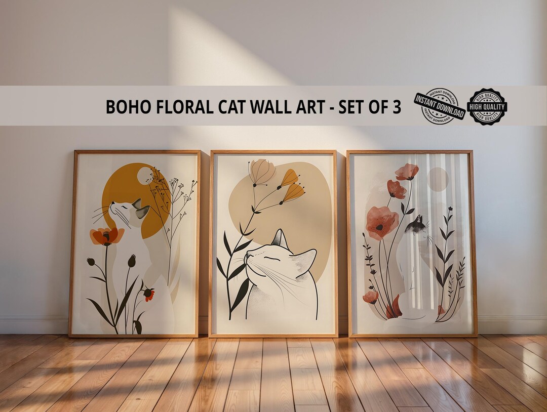Boho Minimal Cat Wall Art Set of 3, Minimalist Poster Set (digital ...