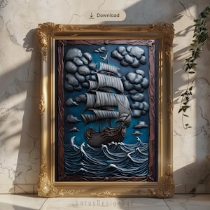 Vintage Pirate Ship Digital Poster, Dark Ship Wall Art, Pirate Ship Print, Stormy Sea Art, Pirate Ship Oil Painting Decor, Pirate Ship Art