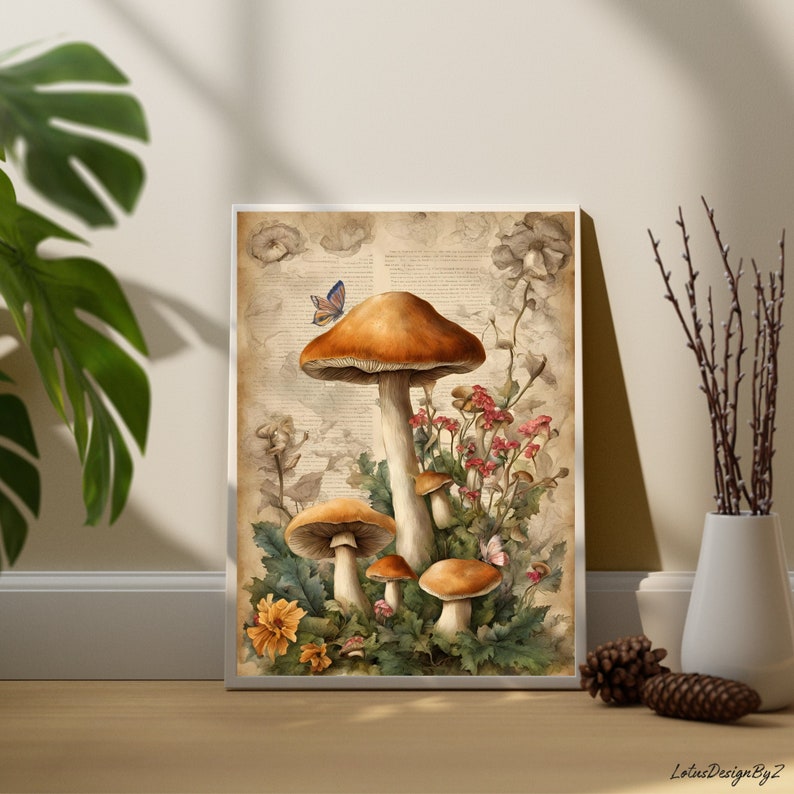 Vintage Mushrooms and Butterfly Digital Poster, Rustic Botanical Poster ...