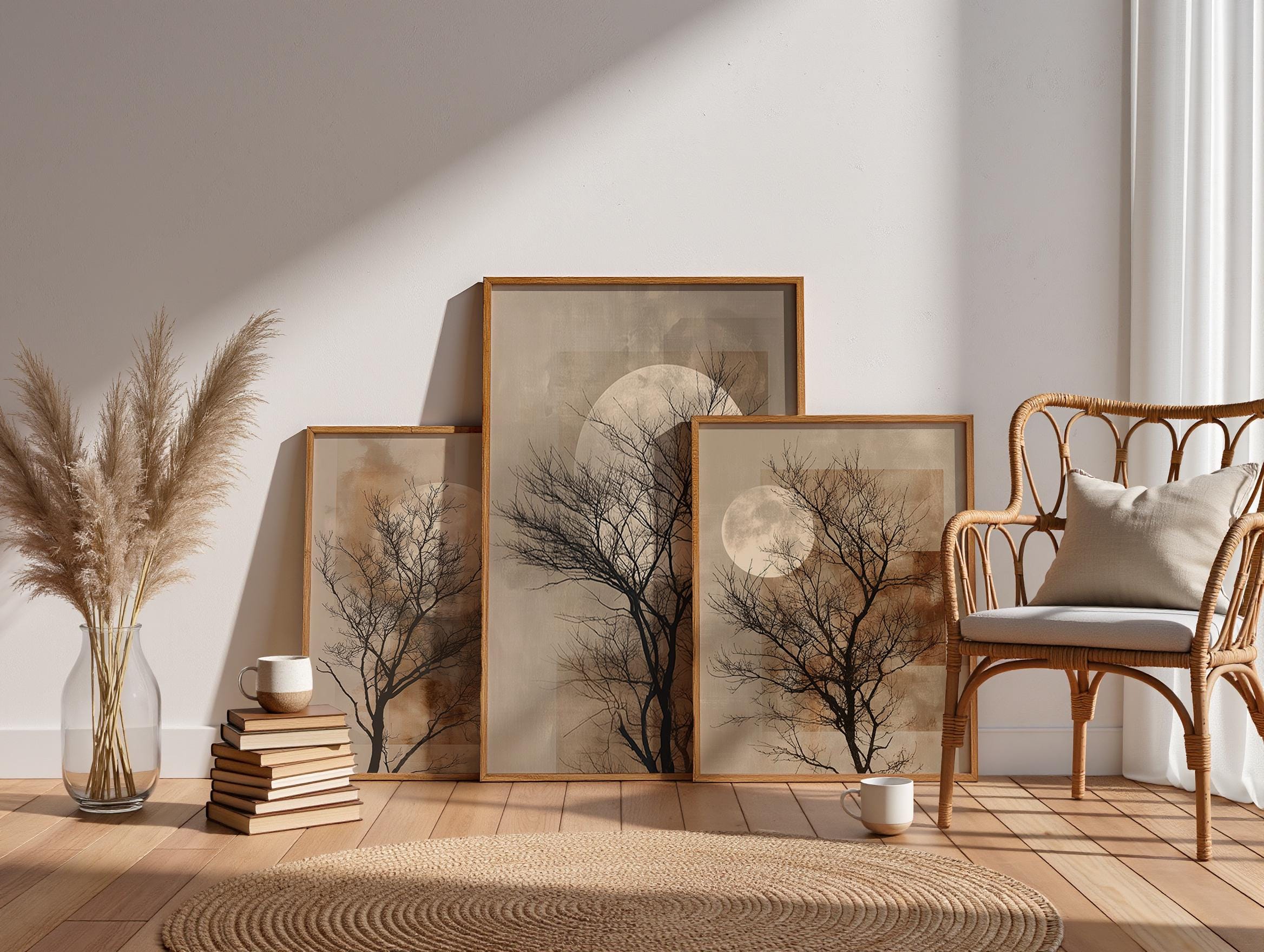 Japandi Tree Wall Art Set of 3, Moon Tree Prints, Minimalist