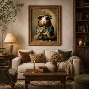 May include: A framed wall art print featuring a portrait of a guinea pig dressed in a royal blue velvet coat with gold trim and a golden crown. The guinea pig has brown, black, and white fur and is depicted in a regal, standing pose.