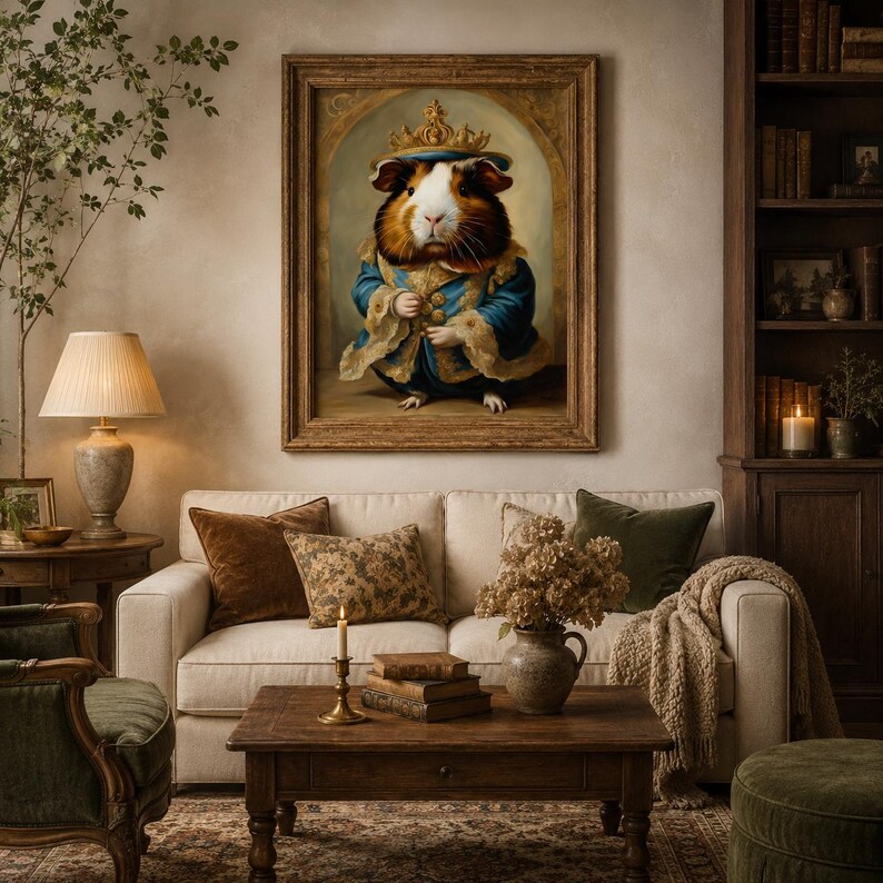 May include: A framed wall art print featuring a portrait of a guinea pig dressed in a royal blue velvet coat with gold trim and a golden crown. The guinea pig has brown, black, and white fur and is depicted in a regal, standing pose.