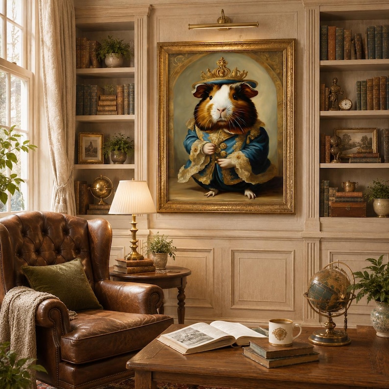 May include: A framed oil painting depicting a brown and white guinea pig wearing a gold crown and a blue velvet coat with gold embroidery and fur trim. The portrait is displayed on a wall above a leather armchair and a wooden side table.