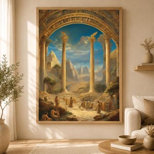 May include: A framed wall art print depicting an ancient architectural scene with tall stone columns, arched entryways, and a stone staircase leading toward a mountainous landscape under a blue sky with figures in robes gathered in the foreground.