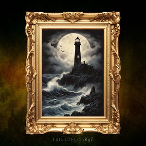 MoodyLighthouse Poster, Moody Lighthouse Print, Dark Academia Art, Lighthouse Print, Lighthouse Painting, Lighthouse Wall Art, Coastal Print