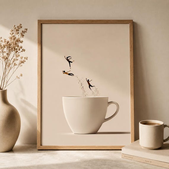 Tiny People Coffee Wall Art, Surreal Coffee Print, Coffee Bar