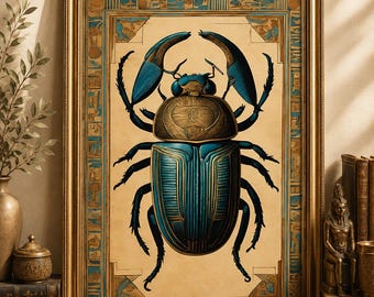 May include: A framed wall art print featuring a large, detailed illustration of a blue and gold scarab beetle. The beetle is centered on a cream-colored background, surrounded by a decorative border with blue and gold Egyptian-style hieroglyphs.
