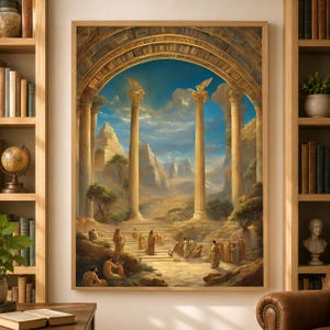 May include: A framed wall art print depicting an ancient architectural scene with two tall columns topped by golden winged figures. The composition features stone steps leading toward a mountainous landscape under a blue sky with scattered clouds.
