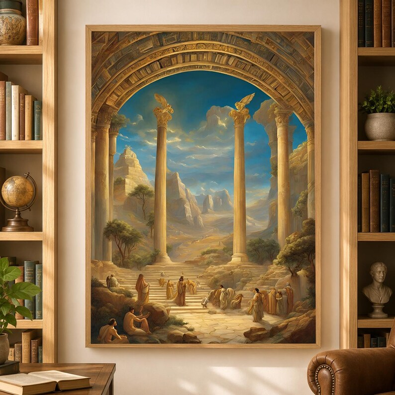 May include: A framed wall art print depicting an ancient architectural scene with two tall columns topped by golden winged figures. The composition features stone steps leading toward a mountainous landscape under a blue sky with scattered clouds.