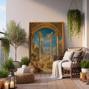 May include: A framed rectangular wall art print featuring a classical architectural scene with tall stone columns, an arched entryway, and figures on steps under a blue sky. The artwork is displayed on a balcony with a wicker chair and plants.