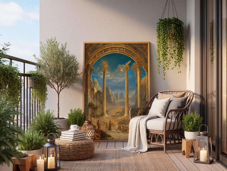 May include: A framed rectangular wall art print featuring a classical architectural scene with tall stone columns, an arched entryway, and figures on steps under a blue sky. The artwork is displayed on a balcony with a wicker chair and plants.