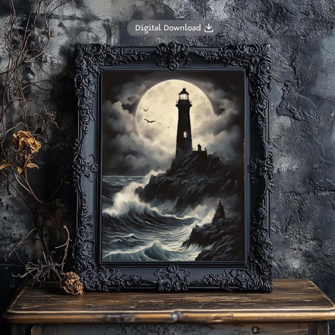 Gothic Lighthouse Wall Art, Moody Coastal Digital Print, Stormy Sea ...