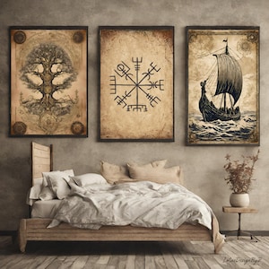 ÆGISHJÁLMUR + VEGVÍSIR Antique Art Prints, Viking Wall Art, Yggdrasil Print, Tree of Life Print, Norse Pagan Symbol, Viking Ship Poster