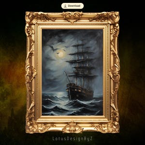 Impresión de arte mural de barco embrujado, impresión de barco pirata oscuro, póster náutico gótico, impresión de barco fantasma de arte digital de mar tempestuoso, póster de barco embrujado