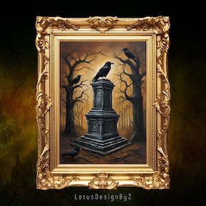 Gothic Graveyard Raven Art Print: Vintage Tombstone Crow (Digital Download)