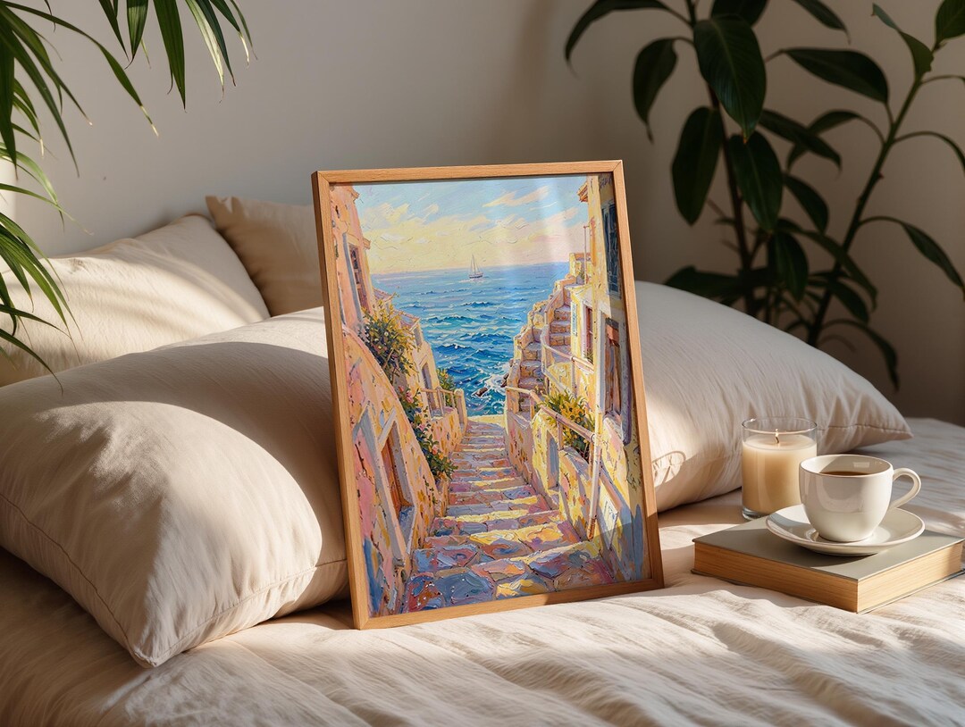 Mediterranean Coastal Wall Art Print, Greek Island Stairs Ocean View ...