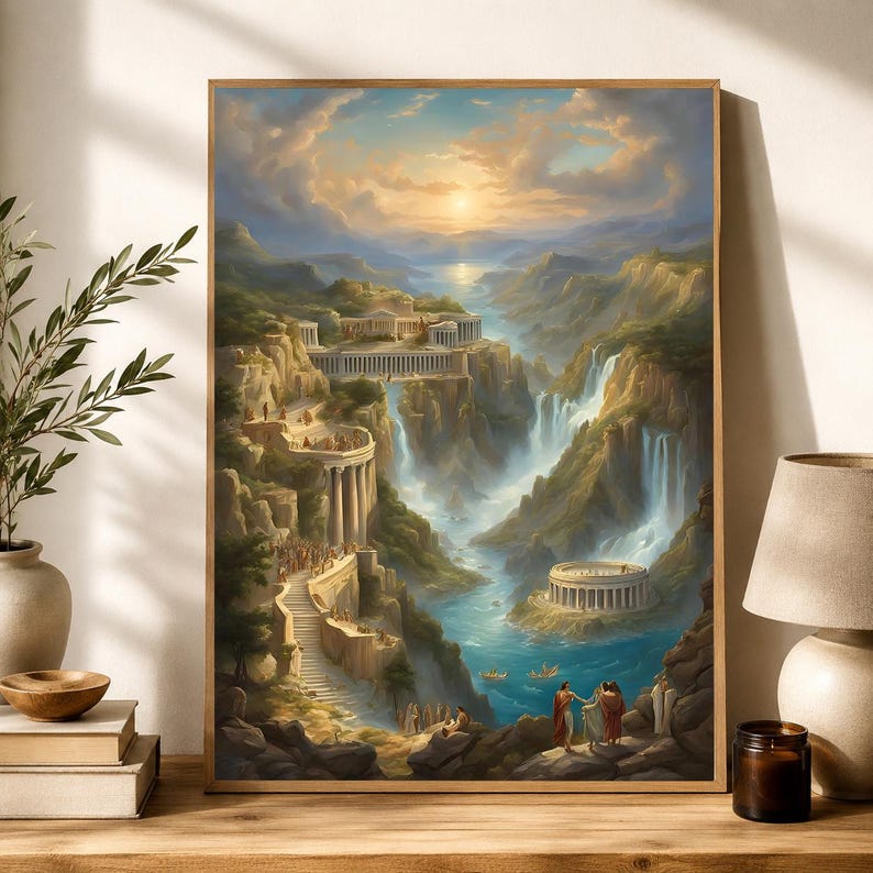 Mount Olympus wall art featuring a mythological city, cascading waterfalls, ancient architecture, divine landscapes, and Greek mythology inspired scenery.