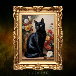 Black Cat Vintage Floral Art Print,  Black Cat Art, Black Cat Poster, Black Cat Print, Black Cat Painting, Black Cat Wall Art, Cat Poster