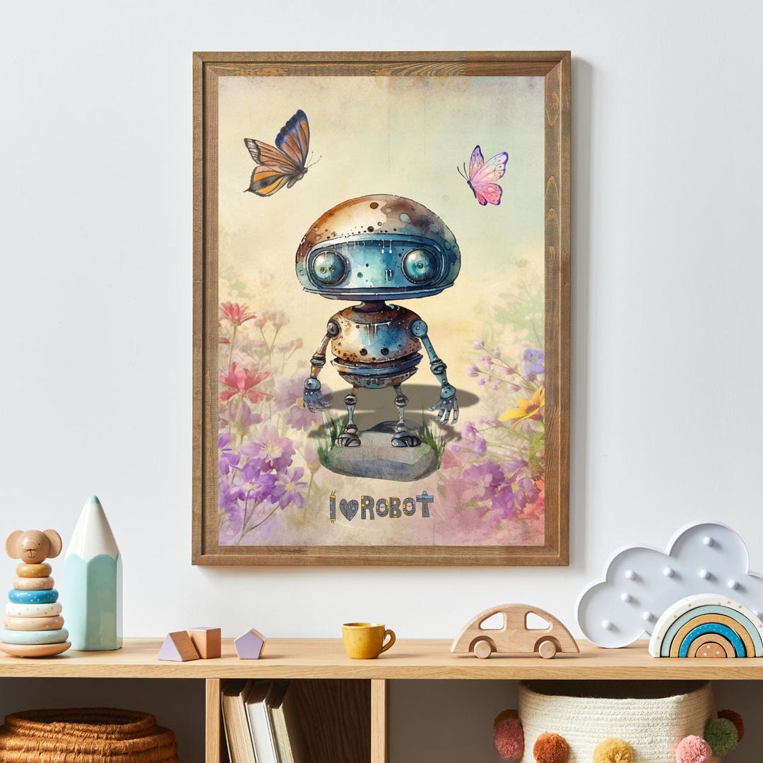 I Love Robot Digital Poster - Vintage Watercolor Robot Wall Art ...