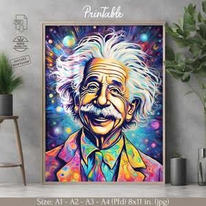 Póster artístico colorido de Albert Einstein: regalo científico (descarga digital)