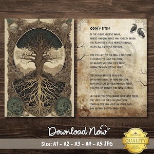Yggdrasil & Odin&#39;s Eyes Vintage Viking Art Print Set (Digital Download)