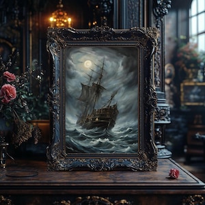 Impresión de arte mural de barco embrujado, impresión de barco pirata oscuro, póster náutico gótico, impresión de barco fantasma de arte digital de mar tempestuoso, póster de barco embrujado