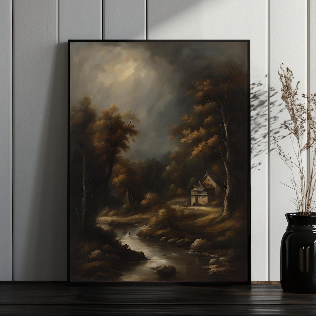 Rustic Cabin Digital Poster, Dark Moody Landscape, Oilpainting Art
