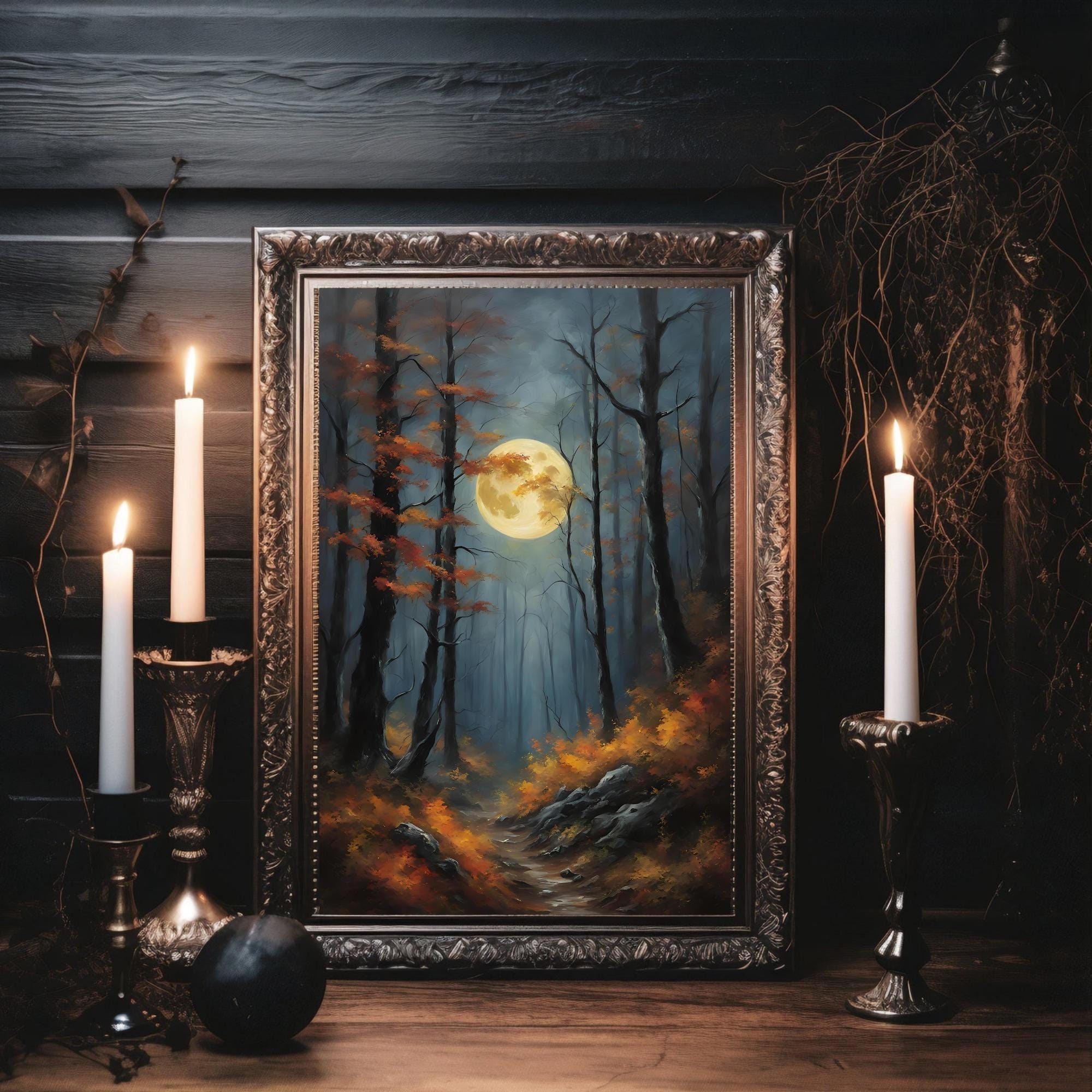 Autumn Full Moon Dark Forest Art Print, Dark Category, Moody Fall Art ...