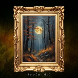 Póster digital de bosque de luna llena otoñal, arte místico del bosque, arte inspirado en la naturaleza, impresión de luna llena, arte mural forestal, decoración de bosque otoñal