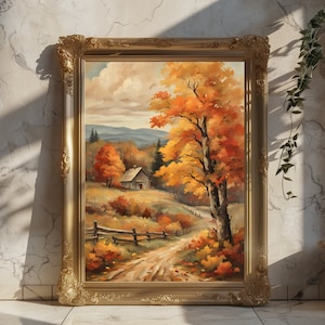 Póster digital de paisaje otoñal, decoración acogedora, arte de escena de otoño, arte mural de viajes, póster de otoño, arte de temporada, decoración de granjas, decoración de cocina