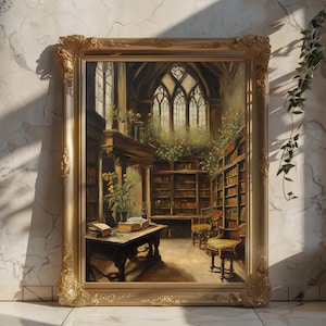 Poster digitale della vecchia biblioteca botanica, pittura a olio, arte della biblioteca botanica, design d'interni gotico, arte murale della biblioteca, stampa di arte scura