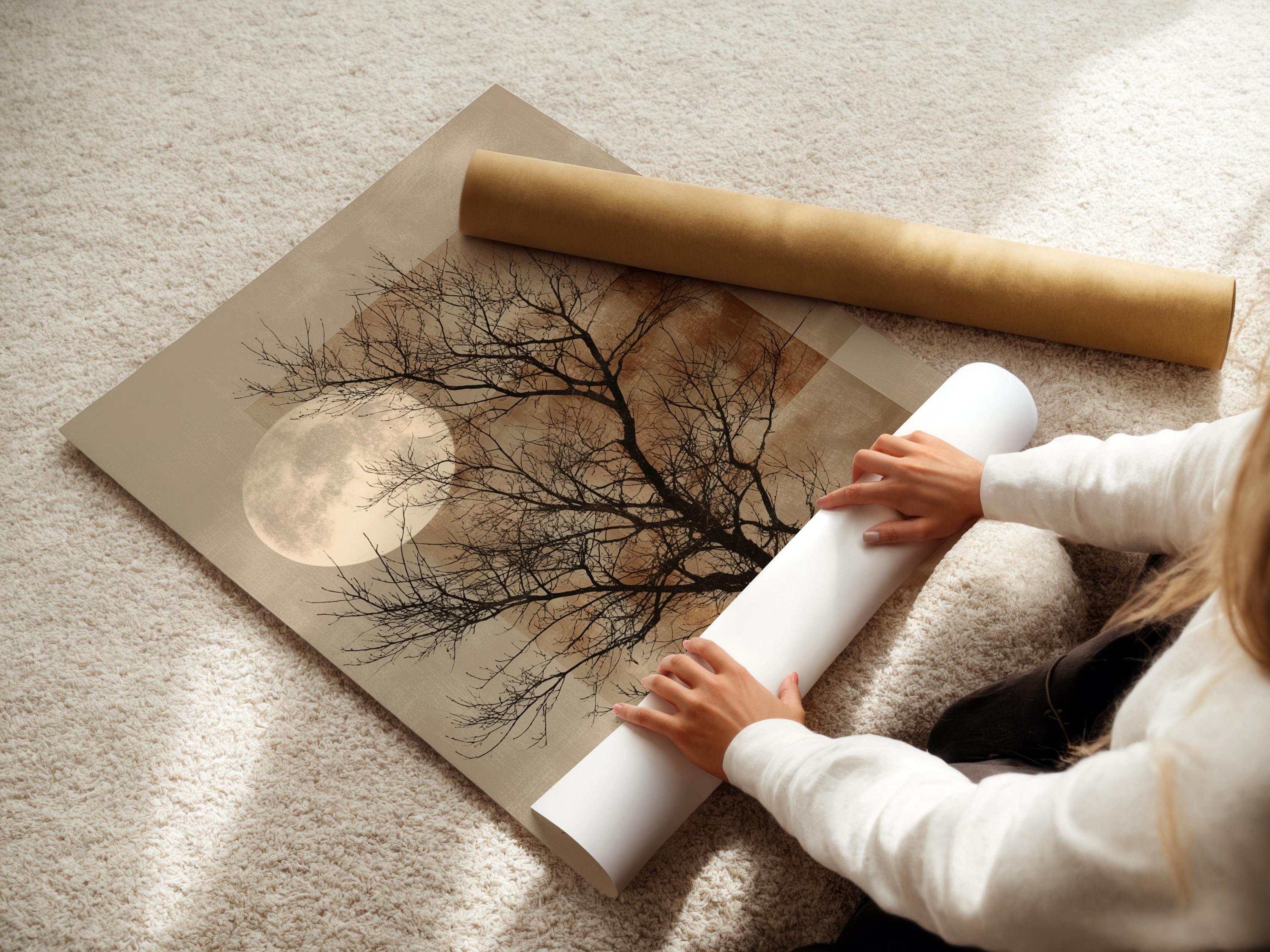 Japandi Tree Wall Art Set of 3, Moon Tree Prints, Minimalist