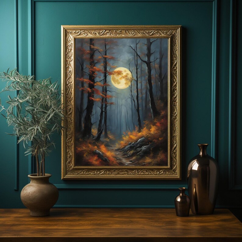 Autumn Full Moon Dark Forest Art Print, Dark Category, Moody Fall Art ...