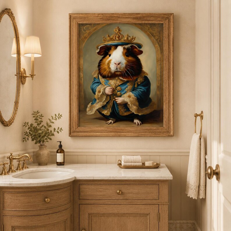 May include: A framed wall art print featuring a guinea pig dressed in a royal blue velvet coat with gold trim and a golden crown. The guinea pig has brown, white, and black fur and is depicted standing within an arched architectural frame.