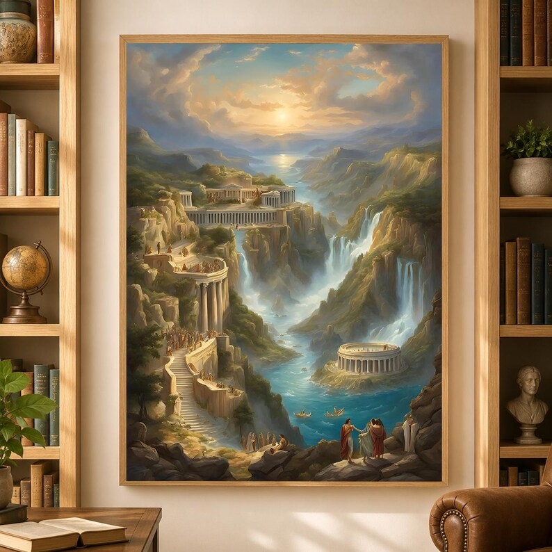 May include: A rectangular wall art print depicting a fantasy landscape with classical Greek-style architecture, white marble temples, and colonnades built into rocky cliffs. A river flows through the center with waterfalls and small boats.