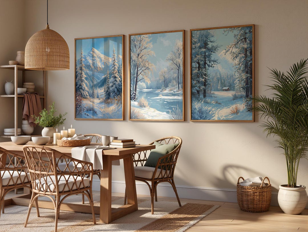 Winter Landscape Wall Art Set of 3, Snowy Landscape Prints, Mountain ...