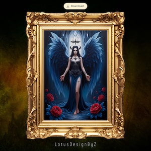 Gothic Lilith Art Print: Dark Goddess with Blue Wings (Digital Download